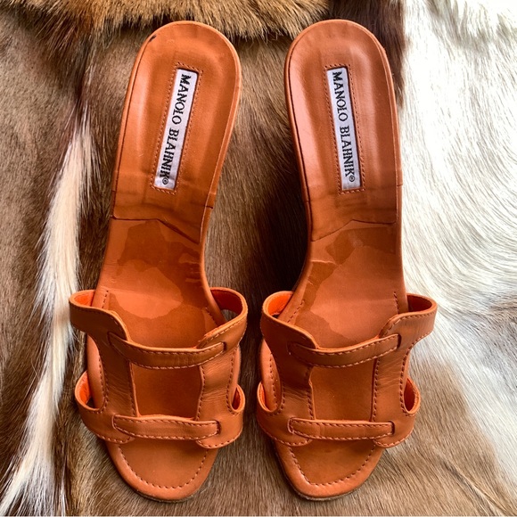 MANOLO BLAHNIK strap leather kitten heels mules orange brown size 36 - Picture 2 of 12